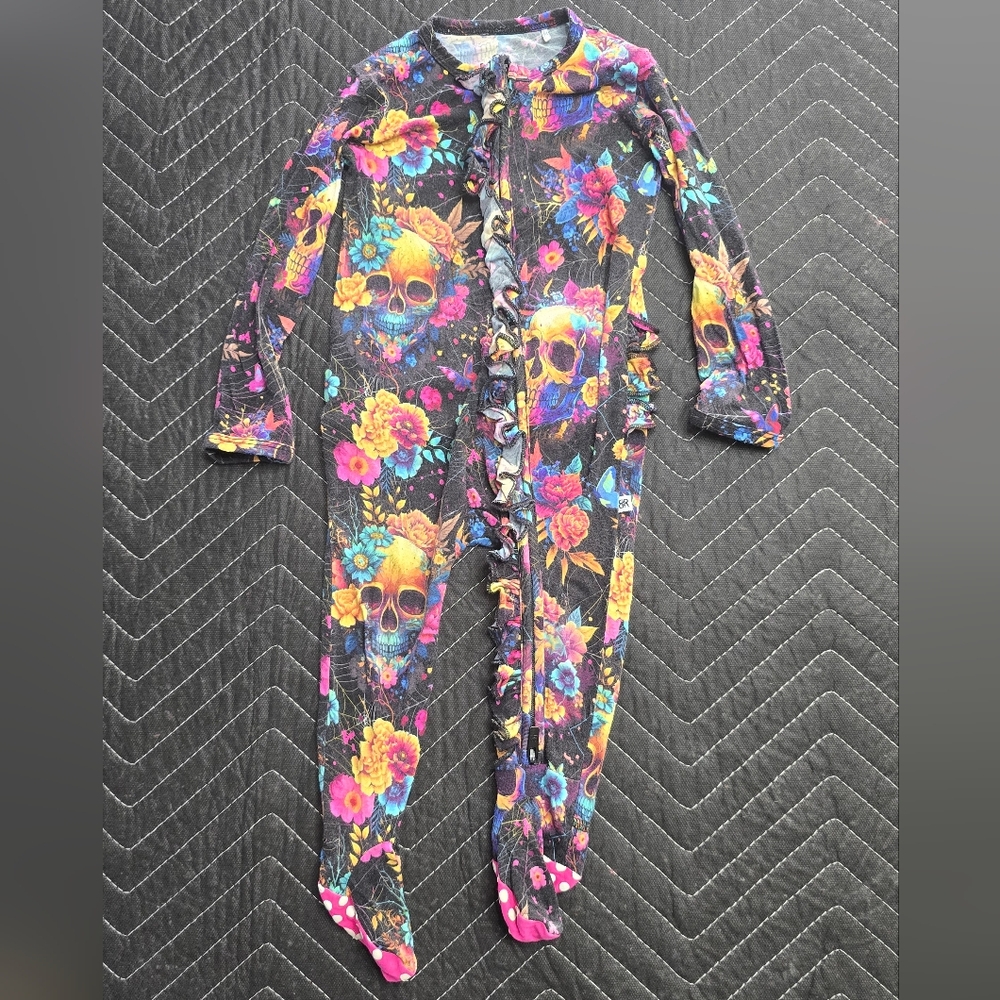 Colorful Floral Skull Kids Footie Pajamas